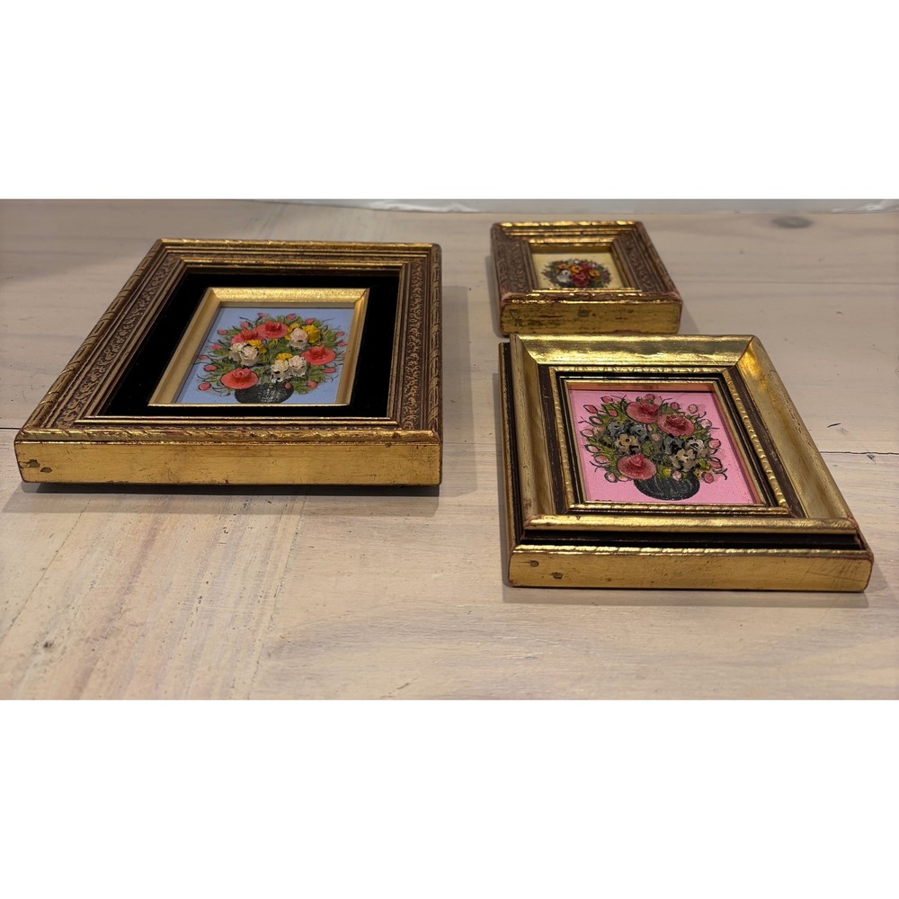 Seder C Signed Miniature Floral Oil Paintings Set of 3 Gold Ornate Frames Art - Picture 11 of 12